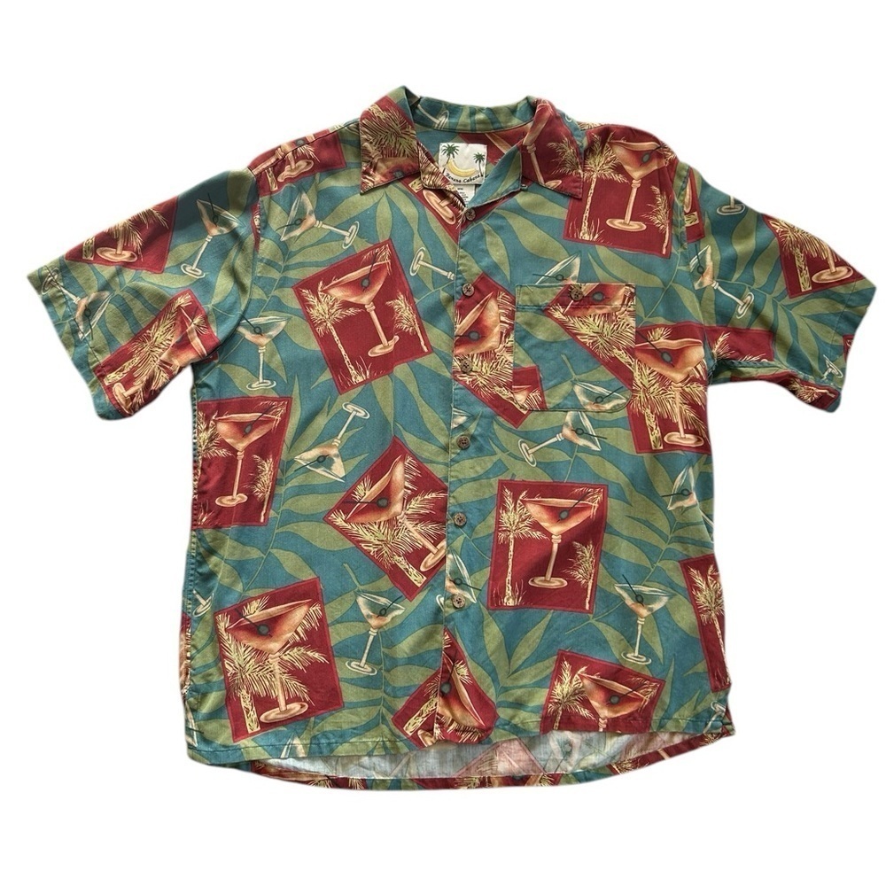 Vintage 100% Silk Banana Cabana Men’s Size L Tropical Martini Button Down Shirt
